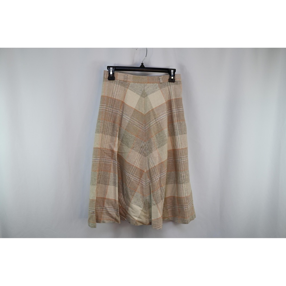 Vintage JCPenney Tan Plaid Wool Blend A-Line Midi Skirt Beige Small